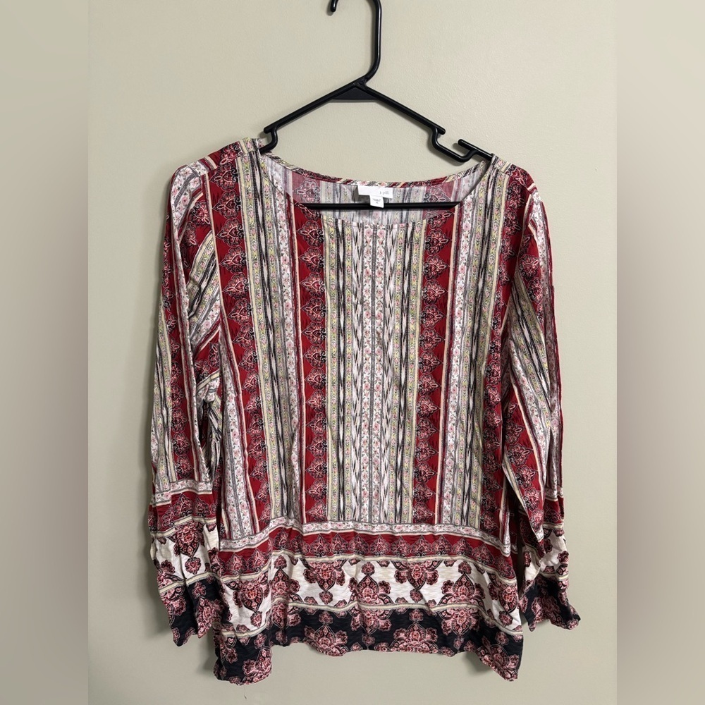 J Jill Red Paisley Tunic Top Size XL Rayon Long Sleeve Blouse Lightweight Shirt